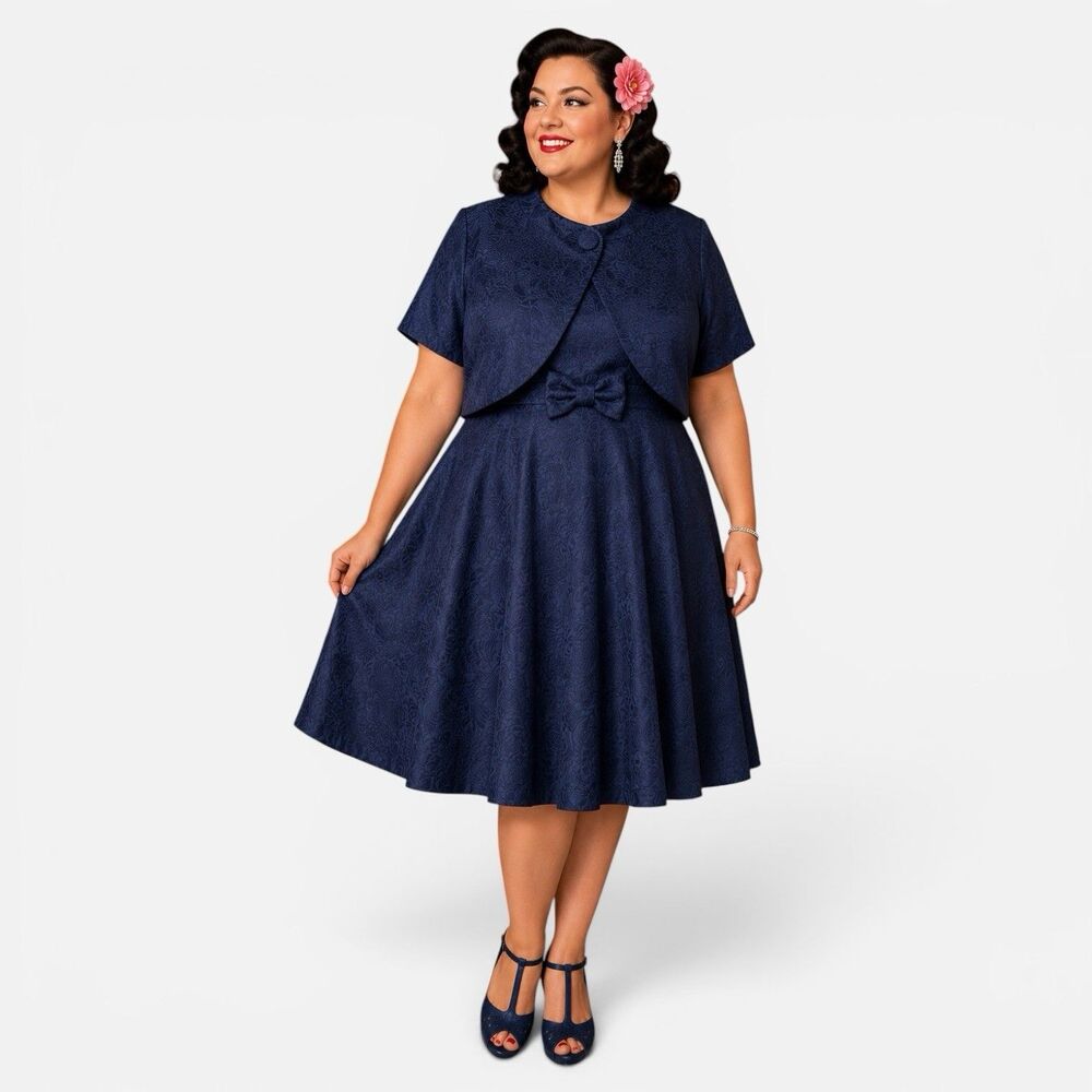 Lindy Bop Angelique Dress Set Size 18 Bolero Jacket Navy Blue Retro 50s Style